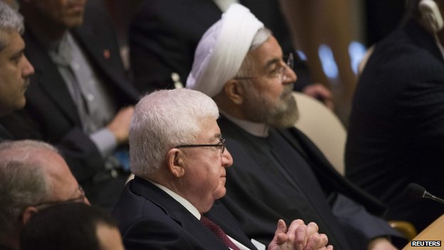 Iraq's President Fouad Massoum (L) sits next to Iran's President Hassan Rouhani during the Climate Summit at the U.N. headquarters in New York (23 September 2014)